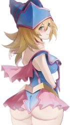 Rule 34 | 1girl, absurdres, ass, bare shoulders, blonde hair, blush, blush stickers, breasts, capelet, closed mouth, commentary request, dark magician girl, dress, duel monster, from behind, green eyes, hat, highres, kataku musou, large breasts, lips, long hair, looking at viewer, looking back, no panties, shiny skin, short dress, simple background, smile, solo, strapless, strapless dress, thighs, twisted torso, wizard hat, yu-gi-oh!, yu-gi-oh! duel monsters