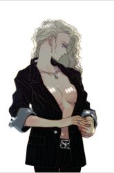 Rule 34 | 1girl, belt, blonde hair, breasts, cleavage, earrings, formal, jewelry, navel, open clothes, open shirt, pinstripe pattern, pinstripe suit, profile, ring, shirt, simple background, sleeves rolled up, solo, striped, su (noonrema), suit, white background