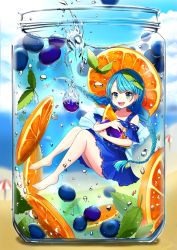 Rule 34 | 1girl, :d, air bubble, barefoot, beach, beach umbrella, blue dress, blue eyes, blue hair, blue sky, blueberry, blurry, blurry background, bottle, braid, bubble, cloud, day, dress, food, fruit, full body, highres, holding, holding food, holding fruit, in bottle, in container, leaf, long hair, looking at viewer, omelet tomato, open mouth, orange (fruit), orange slice, original, outdoors, sky, smile, twin braids, umbrella, underwater, very long hair, water