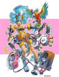 Rule 34 | amplifier, arina nary, bird, blue hair, gloves, guitar, instrument, long hair, microphone, microphone stand, original, parrot, red eyes, solo, speaker
