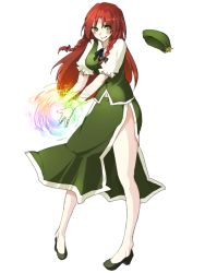 Rule 34 | 1girl, bad id, bad pixiv id, braid, breasts, china dress, chinese clothes, dress, female focus, green eyes, hat, hong meiling, immaterial and missing power, kame, long hair, red hair, simple background, solo, touhou, twin braids, white background