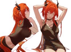 Rule 34 | 1girl, arknights, armpits, arms behind head, arms up, artist name, belt, breasts, character name, choker, closed eyes, crop top, dress, earrings, female focus, from side, hair bun, hair over shoulder, highres, holding, holding own hair, horns, jewelry, large breasts, long hair, multiple views, navel, official alternate costume, pinlin, purple eyes, red hair, simple background, single hair bun, surtr (arknights), surtr (liberte echec) (arknights), white background