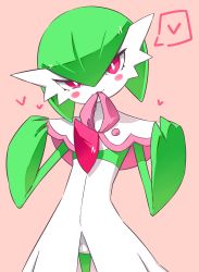 Rule 34 | 1girl, :3, absurdres, blush, blush stickers, bob cut, bright pupils, capelet, closed mouth, clothed pokemon, colored skin, cowboy shot, creatures (company), female focus, flat chest, game freak, gardevoir, gardevoir (fashionable), gen 3 pokemon, green hair, green skin, hair between eyes, half-closed eye, hands up, happy, heart, highres, lifting own clothes, looking at viewer, m3 (gardevoir m3), mouth hold, multicolored skin, nintendo, pink background, pink trim, pokemon, pokemon (creature), pokemon unite, red eyes, short hair, simple background, smile, solo, speech bubble, spoken heart, standing, two-tone skin, uneven eyes, white capelet, white pupils, white skin