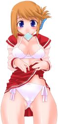 Rule 34 | 00s, 1girl, blue eyes, bra, brown hair, clothes lift, condom, condom in mouth, folded ponytail, highres, komaki manaka, lingerie, mouth hold, open clothes, open shirt, panties, school uniform, shinama, shirt, simple background, skirt, skirt lift, solo, to heart (series), to heart 2, underwear, upskirt, white background