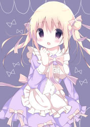Rule 34 | 1girl, absurdres, apron, blonde hair, blush, bow, breasts, center frills, collared dress, commentary request, double bun, dress, frilled apron, frills, hair between eyes, hair bow, hair bun, hamada pengin, hand up, highres, long hair, long sleeves, looking at viewer, maid apron, medium breasts, open mouth, original, pink bow, purple background, purple dress, purple eyes, side bun, sidelocks, solo, striped, striped bow, twintails, white apron