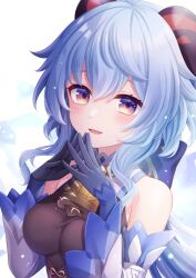 Rule 34 | 1girl, bare shoulders, bell, blue hair, blush, bow, breasts, detached sleeves, ganyu (genshin impact), genshin impact, horns, long hair, looking at viewer, medium breasts, neck bell, open mouth, own hands together, purple eyes, sidelocks, smile, solo, stardrop, upper body, white sleeves