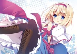 Rule 34 | 1girl, alice margatroid, bad id, bad pixiv id, black pantyhose, blonde hair, blue eyes, blush, boots, capelet, cross-laced footwear, dress, female focus, flower, hairband, kanora, knee boots, lace-up boots, open mouth, pantyhose, solo, touhou