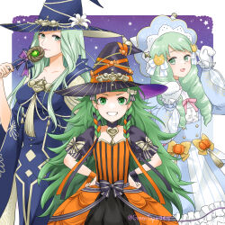 Rule 34 | 3girls, absurdres, animal hands, blue dress, blunt bangs, candy hair ornament, cat hair ornament, cat paws, dress, drill hair, fire emblem, fire emblem: three houses, fire emblem heroes, flayn (fire emblem), flayn (halloween) (fire emblem), food-themed hair ornament, gloves, green eyes, green hair, hair ornament, hands on own hips, hat, highres, holding, holding staff, long hair, long sleeves, looking at viewer, midori no baku, mother and daughter, multiple girls, nintendo, orange dress, paw pose, puffy sleeves, rhea (fire emblem), rhea (halloween) (fire emblem), smile, sothis (fire emblem), sothis (halloween) (fire emblem), staff, star (symbol), teeth, twin drills, twitter username, very long hair, white dress, white gloves, wide sleeves, witch hat