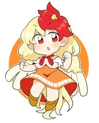Rule 34 | 1girl, animal, animal on head, bird, bird on head, bird tail, bird wings, blonde hair, blush, boots, brown footwear, chick, dress, feathered wings, full body, ini (inunabe00), multicolored hair, niwatari kutaka, on head, open mouth, orange dress, red eyes, red hair, shirt, short hair, short sleeves, solo, tail, touhou, two-tone hair, white shirt, wings, yellow wings