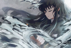 Rule 34 | 1boy, aqua hair, black hair, closed eyes, commentary, commentary request, concentrating, dated commentary, demon slayer uniform, english commentary, fog, highres, holding, holding sword, holding weapon, japanese clothes, katana, kimetsu no yaiba, long hair, male focus, mixed-language commentary, multicolored hair, rainyforesty, sheath, solo, sword, tokitou muichirou, two-tone hair, unsheathing, water, weapon