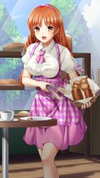 Rule 34 | 1girl, :d, apron, blush, braid, bread, breasts, brown eyes, brown hair, checkered apron, checkered clothes, collared shirt, doukyuusei, doukyuusei another world, dress shirt, food, freckles, game cg, hairband, holding, large breasts, leaning forward, long hair, long sleeves, low twintails, medium skirt, nishina kurumi, official art, open mouth, pink hairband, pink skirt, purple apron, shirt, skirt, smile, solo, standing, twin braids, twintails, very long hair, white shirt, wing collar