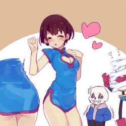 Rule 34 | 1girl, 2boys, = =, ?, ??, black pants, blue jacket, blue shirt, blush, breasts, brown hair, china dress, chinese clothes, cleavage cutout, clothing cutout, dress, female frisk (undertale), frisk (undertale), hand on own chest, hand up, heart, jacket, medium breasts, multiple boys, multiple views, no pants, open mouth, pants, papyrus (undertale), sans (undertale), shirt, short hair, short sleeves, simple background, skeleton, standing, sweat, sweatdrop, tenya mizuki, undertale, upper body, white background