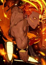 Rule 34 | 1boy, absurdres, ashwatthama (fate), clenched teeth, colored sclera, dark-skinned male, dark skin, fate/grand order, fate (series), fire, forehead jewel, hair slicked back, highres, male focus, armored boots, orange sclera, red hair, semi finalfight, topless male, teeth, yellow eyes