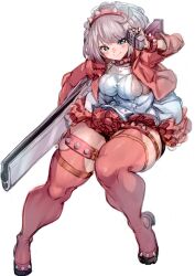 Rule 34 | 1girl, ahoge, aqua eyes, blush, boots, bracelet, breasts, collar, dress, elphelt valentine, fingerless gloves, frilled dress, frills, full body, gloves, guilty gear, guilty gear strive, gun, hairband, highres, holding, holding gun, holding microphone, holding weapon, huge ahoge, jacket, jewelry, large breasts, looking at viewer, microphone, morikawa (futomayu), pink dress, pink footwear, pink hairband, pink jacket, short hair, sideboob, smile, spiked bracelet, spiked collar, spiked hairband, spikes, standing, thick thighs, thigh boots, thighs, two-tone dress, weapon, white dress, white hair