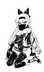 Rule 34 | 1girl, blush, bow, breasts, commentary request, elbow gloves, girls&#039; frontline, gitoshinp, gloves, greyscale, hair bow, high heels, highres, loincloth, loincloth lift, long hair, looking at viewer, monochrome, mouth veil, sitting, small breasts, solo, thighhighs, tokarev (girls&#039; frontline), tokarev (griffin&#039;s dancer) (girls&#039; frontline), veil, wariza, white background