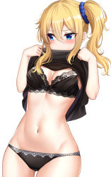 Rule 34 | 1girl, absurdres, black bra, black panties, black shirt, blonde hair, blue eyes, bow, bow bra, bra, breasts, cleavage, clothes lift, covering own mouth, cowboy shot, groin, hair between eyes, hair ornament, hair scrunchie, hands up, hayasaka ai, highres, kaguya-sama wa kokurasetai ~tensai-tachi no renai zunousen~, lifted by self, lingerie, long sleeves, looking away, looking to the side, medium breasts, navel, no pants, panties, revision, scrunchie, shirt, shirt lift, side ponytail, sidelocks, simple background, solo, standing, stomach, sunhyun, thighs, underwear, white background