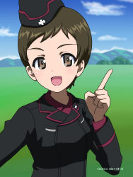 Rule 34 | 1girl, artist name, black hat, black jacket, blue sky, brown eyes, brown hair, cloud, cloudy sky, commentary request, dated, day, dress shirt, garrison cap, girls und panzer, hat, highres, index finger raised, insignia, jacket, kojima emi, kuromorimine military uniform, long sleeves, looking at viewer, military, military hat, military uniform, mountain, naotosi, open mouth, outdoors, red shirt, shirt, short hair, sky, smile, solo, uniform, very short hair, wing collar