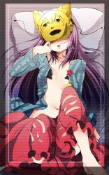 Rule 34 | 1girl, aki (akikaze asparagus), bad id, bad twitter id, blush, border, bra, breath, covering own eyes, hata no kokoro, highres, leg up, long hair, long sleeves, lying, mask, midriff, navel, new mask of hope, on back, open bra, open clothes, open mouth, open shirt, pillow, plaid, plaid shirt, shirt, skirt, solo, string, striped, striped background, sweat, touhou, underwear