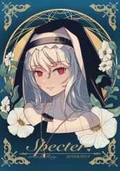 Rule 34 | 1girl, arknights, artist name, buckle, character name, dated, flower, grey hair, highres, long hair, looking at viewer, nun, parted lips, portrait, red eyes, smile, solo, specter (arknights), veil, white flower, ya (witchroy)