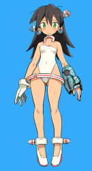 Rule 34 | 1girl, alternate hairstyle, anklet, bare legs, black hair, blue background, blush, covered navel, earrings, female focus, full body, gloves, green eyes, hair between eyes, high heels, highleg, highleg leotard, jewelry, leotard, mega man (series), mega man legends (series), parted lips, shimada fumikane, shoes, simple background, single glove, solo, standing, sweatdrop, torn clothes, tron bonne (mega man), white footwear, white gloves