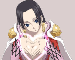 Rule 34 | 1girl, amazon lily, amazon warrior, black hair, blue eyes, boa hancock, breasts, cape, cleavage, earrings, epaulettes, heart, heart hands, jewelry, large breasts, long hair, one piece, pitecube, simple background, smile, solo