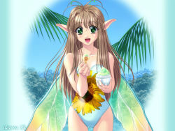 Rule 34 | 00s, 1girl, 2002, antenna hair, antennae, bare shoulders, brown hair, casual one-piece swimsuit, fairy, floral print, flower, food, forest, green eyes, ice cream, insect wings, long hair, nature, one-piece swimsuit, outdoors, palm tree, pointy ears, print swimsuit, r&#039;l, shaved ice, sky, smile, solo, strapless, strapless one-piece swimsuit, sunflower, swimsuit, tree, wallpaper, wings