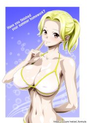 1girl artist_name breasts closed_mouth covered_erect_nipples english_text female_focus highres large_breasts nel-zel_formula one_piece smile swimsuit text_focus translation_request