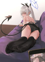 Rule 34 | 1girl, 1other, ass, bare shoulders, black panties, blue archive, blush, cellphone, cellphone photo, chuck (harfmoondark), commentary request, couch, demon girl, demon tail, feet, foot focus, foreshortening, highres, iori (blue archive), long hair, looking at viewer, looking back, no shoes, on couch, panties, phone, pointy ears, ribbon, smartphone, soles, tail, toes, twintails, underwear