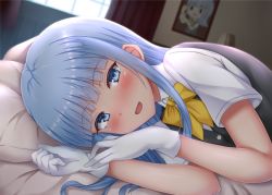 Rule 34 | 1girl, bed, bed sheet, blue eyes, blue hair, blush, buttons, collared shirt, drawing (object), gloves, grey vest, hatsukaze (kancolle), kantai collection, long hair, looking at viewer, lying, on bed, on side, open mouth, pillow, piyobomu, pov across bed, shirt, smile, solo, vest, white gloves, white shirt, yellow neckwear