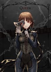 Rule 34 | 10s, 1girl, biker clothes, bikesuit, blunt bangs, bodysuit, braid, brown hair, card (medium), chain, corset, covered navel, crown braid, gloves, grey gloves, holding, holding mask, index finger raised, long scarf, looking at viewer, mask, niijima makoto, persona, persona 5, red eyes, scarf, short hair, signature, solo, wani (fadgrith)