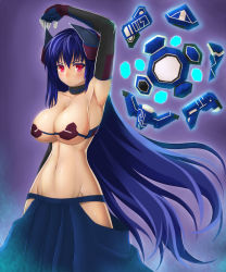 Rule 34 | 1girl, arm up, asamura hiori, bare shoulders, breasts, choker, collarbone, dress, elbow gloves, gloves, groin, highres, large breasts, long hair, no shirt, original, phantasy star, phantasy star online 2, pink eyes, revealing clothes, serious, solo, very long hair