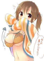 Rule 34 | 10s, 1girl, blouse, bottomless, bra, breasts, brown eyes, brown hair, clothes lift, idolmaster, idolmaster cinderella girls, large breasts, looking at viewer, orange bra, shirt, shirt lift, solo, striped clothes, striped shirt, teruteru-deru, totoki airi, translated, twintails, underwear