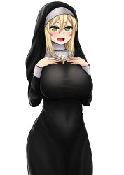 Rule 34 | 1girl, absurdres, black dress, blonde hair, breast suppress, breasts, dress, green eyes, hair ornament, hand up, hands on own chest, highres, jewelry, large breasts, long dress, long sleeves, looking at viewer, necklace, nun, open mouth, original, rosary, sidelocks, simple background, smile, solo, the only shoe, traditional nun
