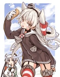 Rule 34 | &gt;:o, 2girls, :o, ahoge, akitsushima (kancolle), amatsukaze (kancolle), animal, arm at side, arm up, beak, bird, black eyes, black hairband, black neckwear, blue sky, blush, blush stickers, breasts, brown dress, buttons, chicken, choker, cloud, cloudy sky, colored eyelashes, cowboy shot, day, dress, eyebrows, facing away, floating hair, food, garter straps, gloves, gluteal fold, hair between eyes, hair tubes, hairband, holding, holding animal, holding food, ice cream, ice cream cone, kantai collection, legs apart, lifebuoy, light purple hair, long hair, long sleeves, looking at viewer, monaka ooji, multiple girls, no nose, open mouth, orange eyes, outdoors, outline, raised eyebrows, sailor collar, sailor dress, short dress, side ponytail, silver hair, sky, sleeves past wrists, small breasts, solo focus, standing, straight hair, striped clothes, striped legwear, striped thighhighs, sweat, swim ring, thighhighs, triangle mouth, tsurime, two side up, v-shaped eyebrows, very long hair, white gloves, white outline, zettai ryouiki