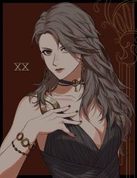 Rule 34 | 1girl, bare shoulders, blush, breasts, cipcal, dress, earrings, grey hair, hair behind ear, highres, jewelry, large breasts, long hair, looking at viewer, makeup, niijima sae, persona, persona 5, red eyes, simple background, solo