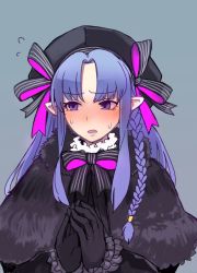 Rule 34 | 1girl, black gloves, blush, braid, cosplay, embarrassed, fate/grand order, fate (series), gloves, hat, medea (fate), nursery rhyme (fate), nursery rhyme (fate) (cosplay), pointy ears, purple eyes, purple hair, ribbon, solo, sweat