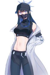 Rule 34 | 1girl, absurdres, bare shoulders, baseball cap, belt, black hat, black pants, black shirt, blue archive, blue eyes, blue hair, breasts, buckle, chest harness, coat, commentary request, cowboy shot, crop top, groin, halo, hands in pockets, harness, hat, highres, jacket, long hair, long sleeves, looking at viewer, mask, medium breasts, midriff, minami kariyasu, mouth mask, navel, off shoulder, open clothes, open coat, pants, partial commentary, saori (blue archive), shirt, sidelocks, simple background, sleeveless, sleeveless shirt, snap-fit buckle, solo, standing, underbust, white background, white coat
