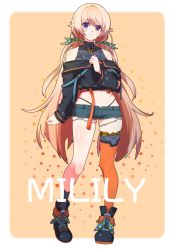 Rule 34 | .live, 1girl, blonde hair, blush, character name, commentary request, earrings, full body, groin, hair ornament, highres, jacket, jewelry, long hair, low twintails, midriff, nanahoshi milily, navel, rune (ru-nn), shoes, single thighhigh, smile, solo, thighhighs, twintails, very long hair, virtual youtuber