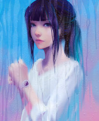 Rule 34 | 1girl, black eyes, black hair, blue background, blunt bangs, commentary request, holding, long hair, looking at viewer, original, parted lips, pink lips, ponytail, shirt, solo, upper body, wataboku, watch, water, water drop, wet, white shirt, wristwatch
