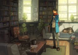 Rule 34 | 1boy, animal, bag, blue coat, book, book stack, bookshelf, brown footwear, brown hair, coat, coffee mug, couch, cup, day, dog, glasses, handbag, highres, indoors, looking at viewer, male focus, mug, original, painting (object), plant, plate, potted plant, scarf, scenery, shoes, short hair, solo, stool, suitcase, table, toolbox, window, yoshida seiji