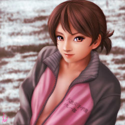 Rule 34 | 10s, 1girl, blurry, breasts, brown eyes, brown hair, collarbone, depth of field, dutch angle, ebi (eeotoko), girls und panzer, hair between eyes, highres, isobe noriko, jacket, open clothes, open jacket, short hair, small breasts, smile, snow, solo, track jacket, track suit, translation request, upper body