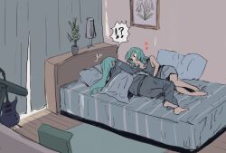 Rule 34 | !?, 2girls, aqua hair, bang dream!, barefoot, bedroom, blanket, blue pajamas, blue tank top, commentary request, drawing (object), grey shorts, guitar, heart, highres, hikawa hina, hikawa sayo, implied sleep molestation, incest, instrument, lamp, looking at another, medium hair, morning, multiple girls, on bed, pajamas, picture frame, pillow, pine (pinepipp), plant, potted plant, shorts, siblings, sisters, sketch, staring, tank top, twincest, twins, yuri