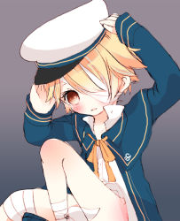 Rule 34 | 1boy, bandages, blonde hair, blush, body blush, bottomless, bowtie, brown eyes, child, collared shirt, hat, knee up, male focus, miza-sore, oliver (vocaloid), sailor hat, simple background, sitting, solo, vocaloid