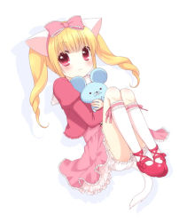 Rule 34 | animal ears, blonde hair, bloomers, cat ears, cat tail, child, dress, kneehighs, original, red eyes, shoes, skirt, socks, solo, tail, twintails, underwear, usashiro mani