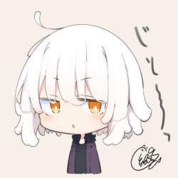 Rule 34 | 1girl, :&lt;, beni shake, black jacket, black shirt, chibi, commentary request, cropped torso, fate/grand order, fate (series), fur-trimmed jacket, fur trim, grey background, hair between eyes, jacket, jeanne d&#039;arc alter (fate), jeanne d&#039;arc alter (ver. shinjuku 1999) (fate), looking at viewer, open clothes, open jacket, orange eyes, parted lips, shirt, signature, simple background, solo, triangle mouth, upper body, white hair