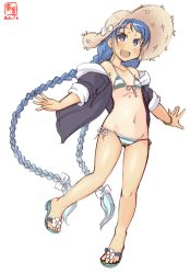 Rule 34 | 1girl, artist logo, bikini, black jacket, blue eyes, blue hair, braid, cameltoe, collarbone, commentary request, dated, flat chest, front-tie top, full body, gradient hair, hat, highres, hood, hooded jacket, hoodie, jacket, kanon (kurogane knights), kantai collection, long hair, looking at viewer, lowleg, lowleg bikini, multicolored hair, open mouth, outstretched arms, samidare (kancolle), sandals, side-tie bikini bottom, simple background, smile, solo, straw hat, striped bikini, striped clothes, sun hat, swept bangs, swimsuit, twin braids, very long hair, white background