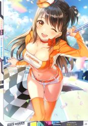 Rule 34 | 1girl, absurdres, artist name, bandeau, belt, blush, breasts, brown eyes, brown hair, checkered flag, cleavage, confetti, day, flag, hat, highres, holding, matsuzaki miyuki, micro shorts, midriff, mini hat, navel, one eye closed, orange belt, outdoors, page number, race queen, scan, shorts, simple background, solo, sparkle, stomach, thighhighs, thighs, toranoana