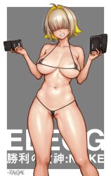 Rule 34 | 1girl, absurdres, ahoge, alternate costume, areola slip, bare shoulders, bikini, black bikini, blonde hair, blush, breasts, character name, collarbone, covered erect nipples, cowboy shot, curvy, elegg (nikke), game boy advance sp, gluteal fold, goddess of victory: nikke, grey background, grin, groin, hair intakes, hair over eyes, handheld game console, highleg, highres, holding, large breasts, looking at viewer, micro bikini, multicolored hair, navel, nintendo 3ds, open mouth, paid reward available, rahime, short hair, skindentation, smile, solo, standing, stomach, string bikini, swimsuit, thick thighs, thighs, two-tone hair
