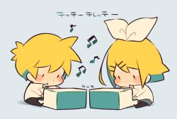 Rule 34 | 1boy, 1girl, afterimage, beamed eighth notes, blonde hair, blue background, blush stickers, bow, brother and sister, chibi, eighth note, hair bow, hair ornament, hairclip, instrument, kagamine len, kagamine rin, kitsune no ko, pantyhose under shorts, long sleeves, music, musical note, pants, pantyhose, playing instrument, serious, shirt, short hair, shorts, siblings, simple background, sitting, sleeveless, song name, twins, vocaloid, white bow