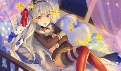 Rule 34 | 10s, 1girl, amatsukaze (kancolle), bad id, bad pixiv id, brown eyes, choker, crossed arms, cushion, dress, garter straps, gloves, hair tubes, kantai collection, knees together feet apart, knees up, long hair, looking at viewer, lying, nanotaro, on back, open mouth, red thighhighs, sailor collar, sailor dress, short dress, silver hair, single glove, solo, striped clothes, striped thighhighs, stuffed animal, stuffed toy, thighhighs, thighs, two side up, white gloves, window